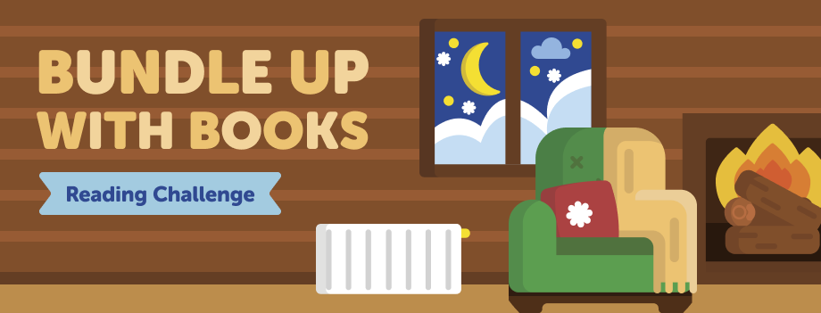 visual graphic of the inside of a cabin with a title that reads Bundle up with Books Reading Challenge