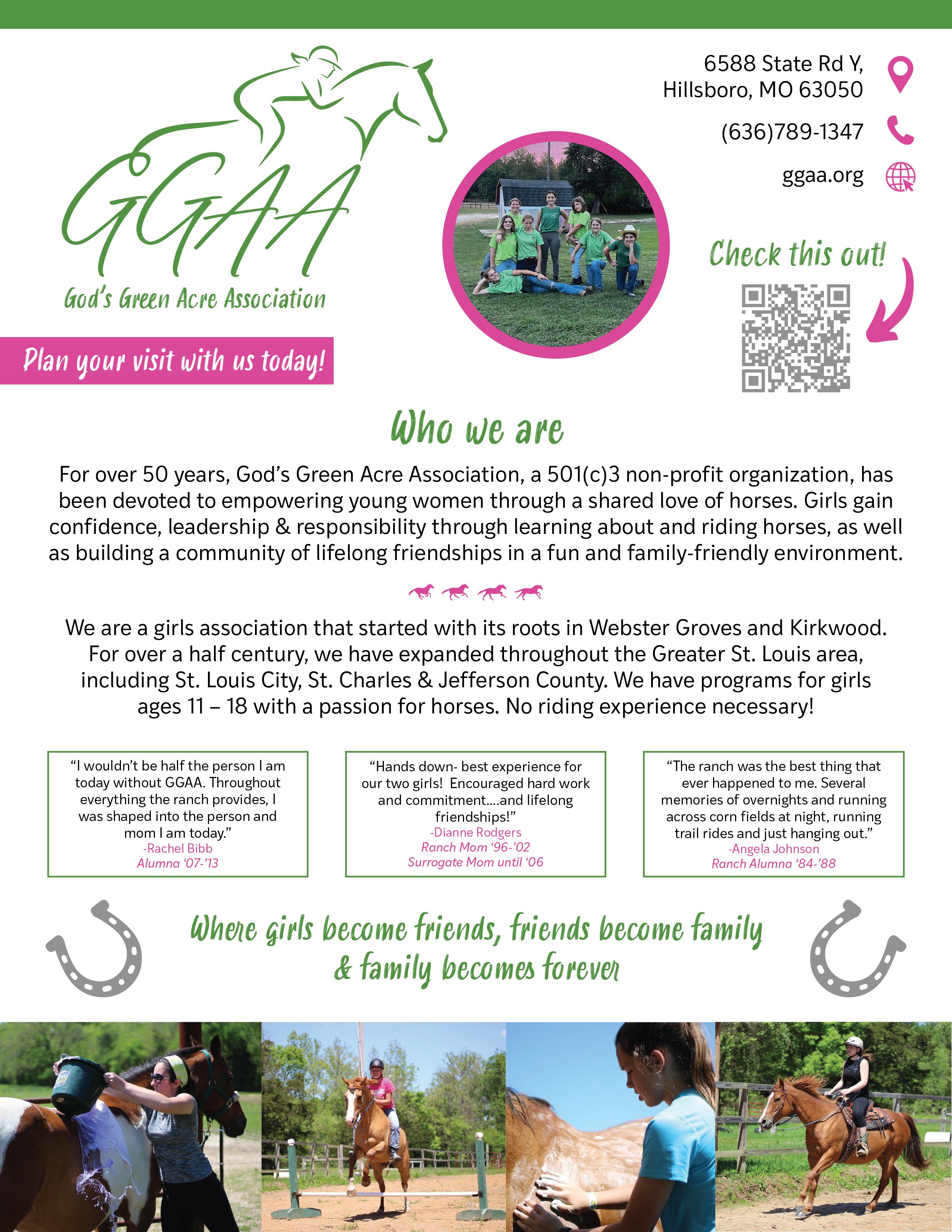 God's Green Acre Association is a 501(c)3 non-profit horse riding ranch for girls between the ages of 11-18