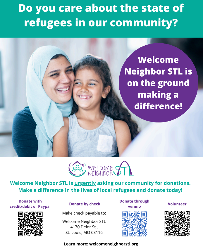 Support refugees in the greater St. Louis Area by donating or volunteering at welcomeneighborstl.org