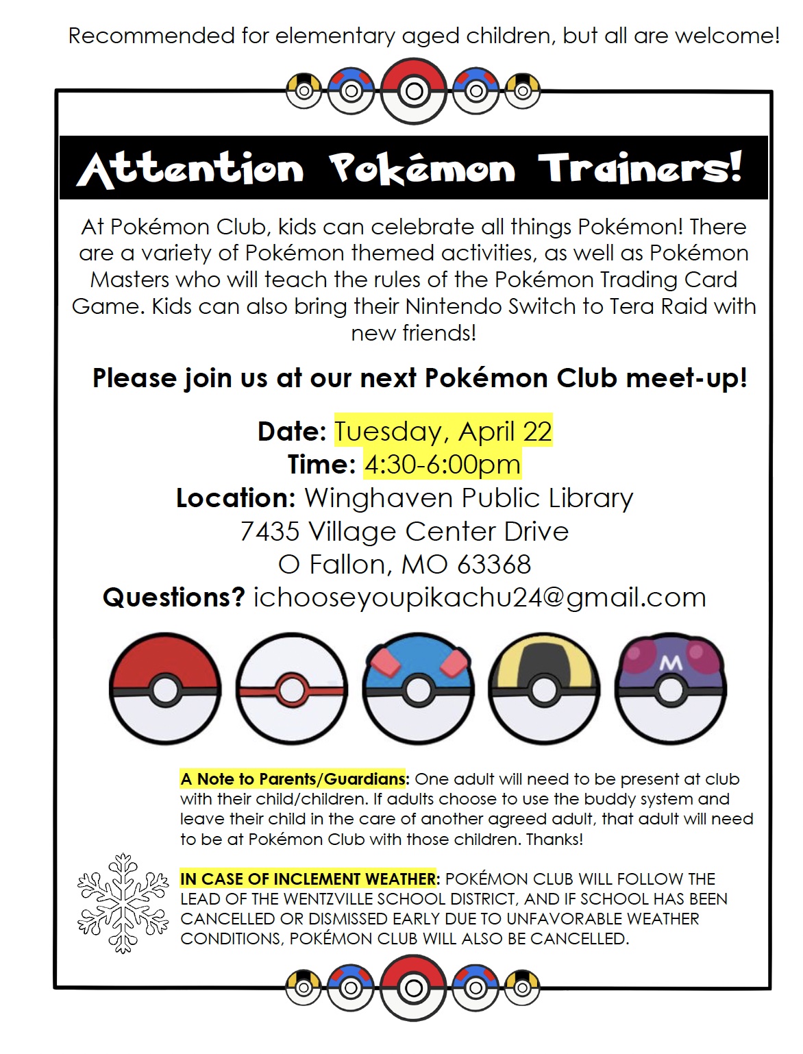 Pokémon Club is a place for kids to celebrate, and have fun with all things Pokémon!  April 22 at WingHaven BRanch