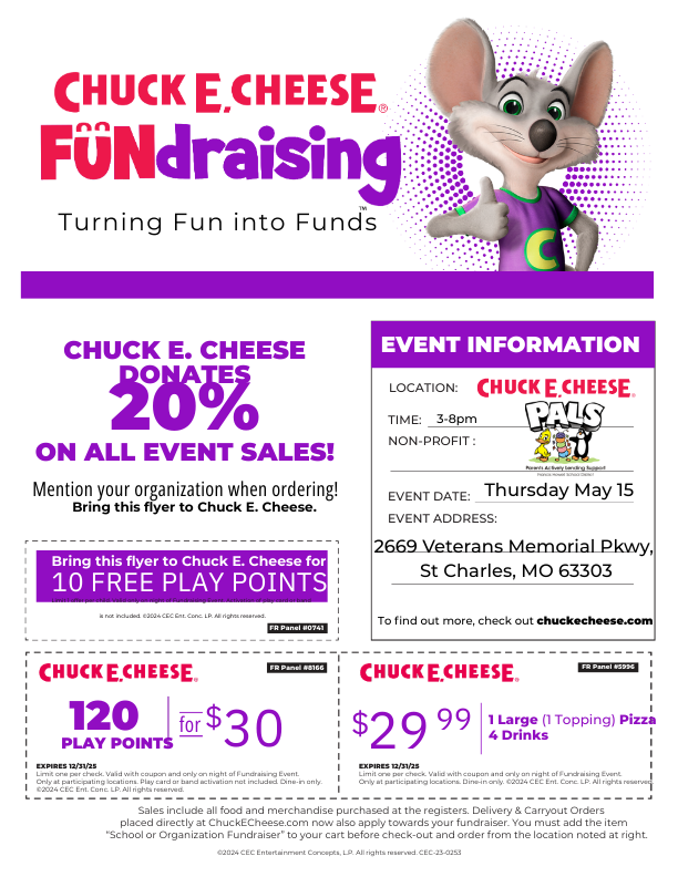 PALS Fundraiser at Chuck E. Cheese on May 15. Includes coupons.