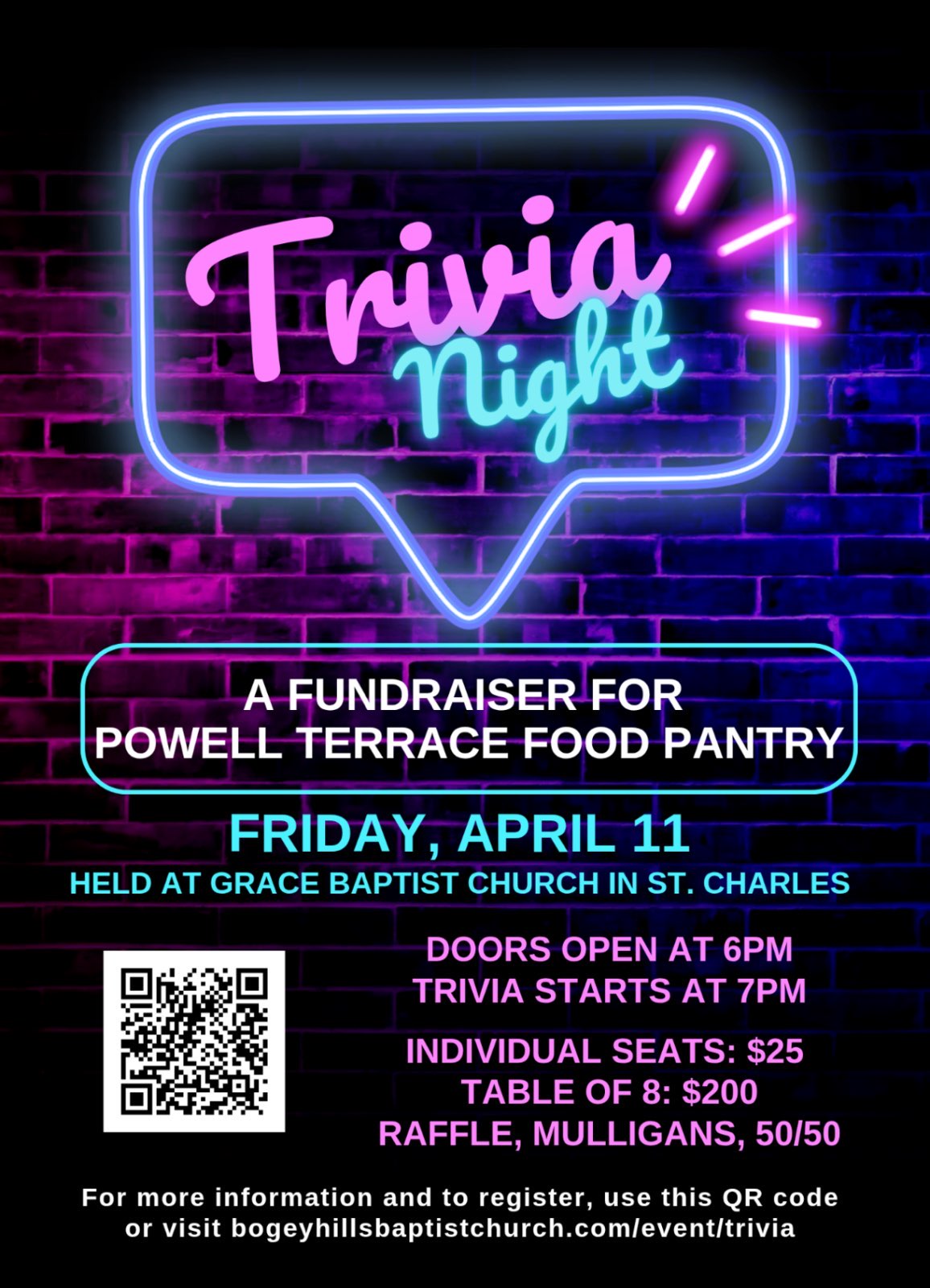 Trivia Night fundraiser for the powell terrace food pantry April 11 at Grace Baptist Church