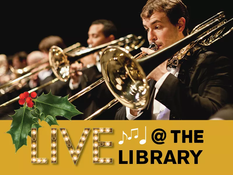 Trombone players with banner at the bottom reading Live at the Library