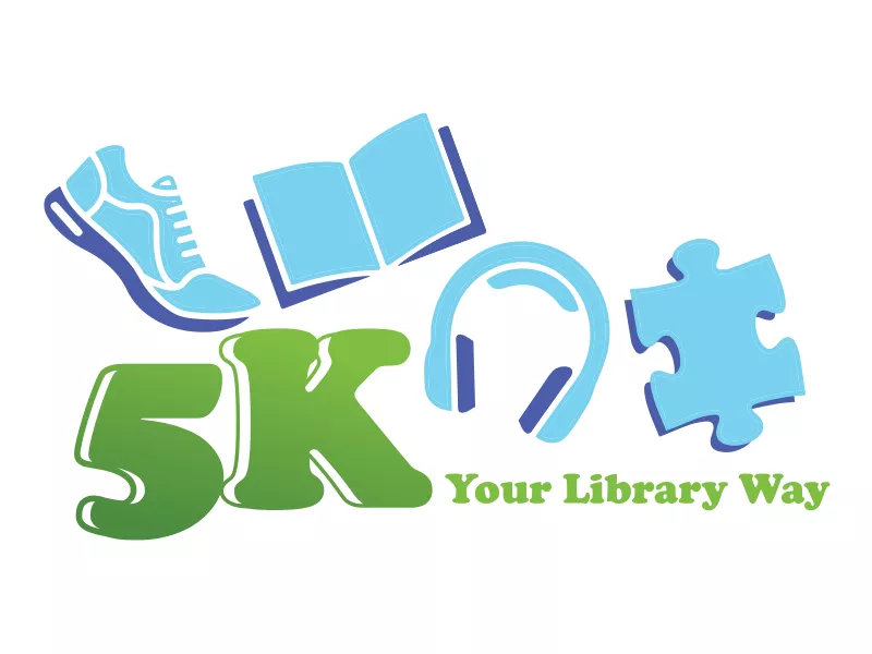 5K your library way with graphic of sneaker, open book, headphones, and a puzzle piece