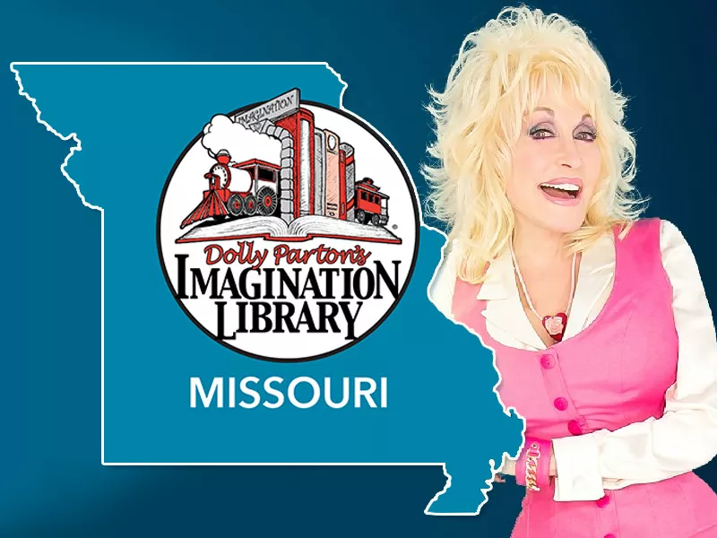 Dolly Parton with her Imagination Library logo backed by the state of Missouri