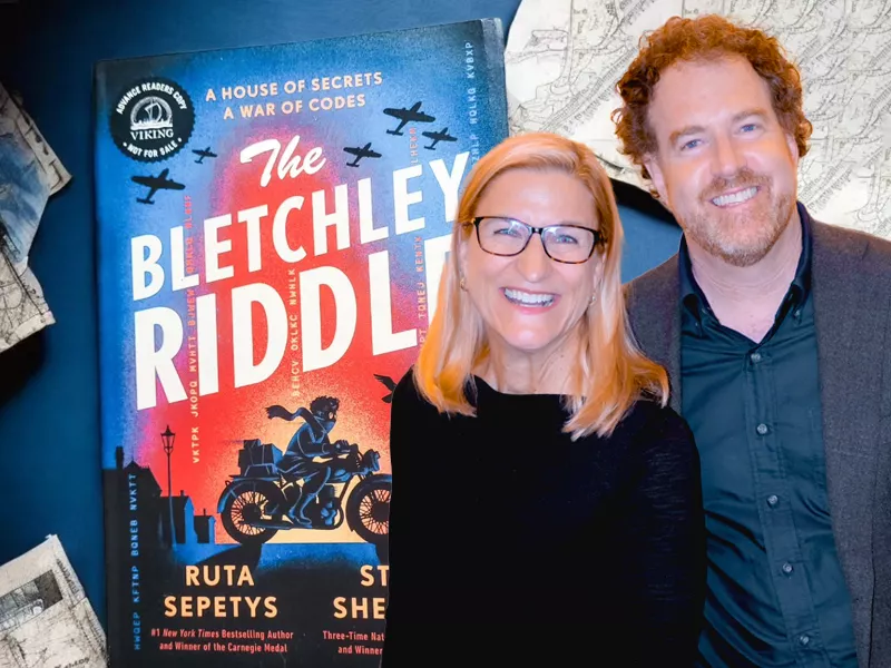 Authors Ruta Sepetys and Steve Sheinkin with their new book The Bletchley Riddle