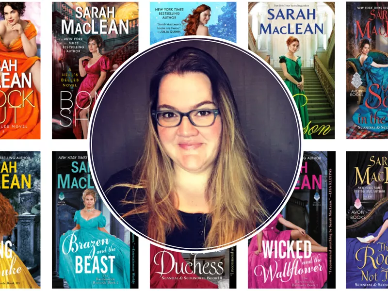 Photo of Sarah MacLean with the covers of her books