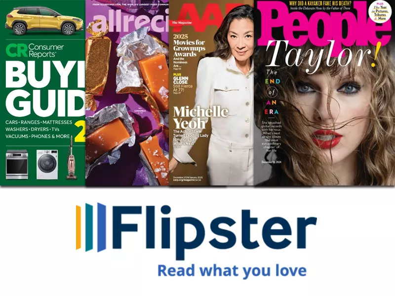 Flipster featuring people magazine, aarp, allrecipe, and consumer report