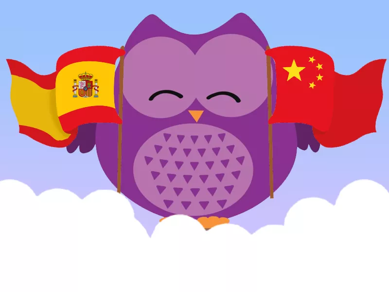 a purple owl holding the spanish flag and the chinese flag