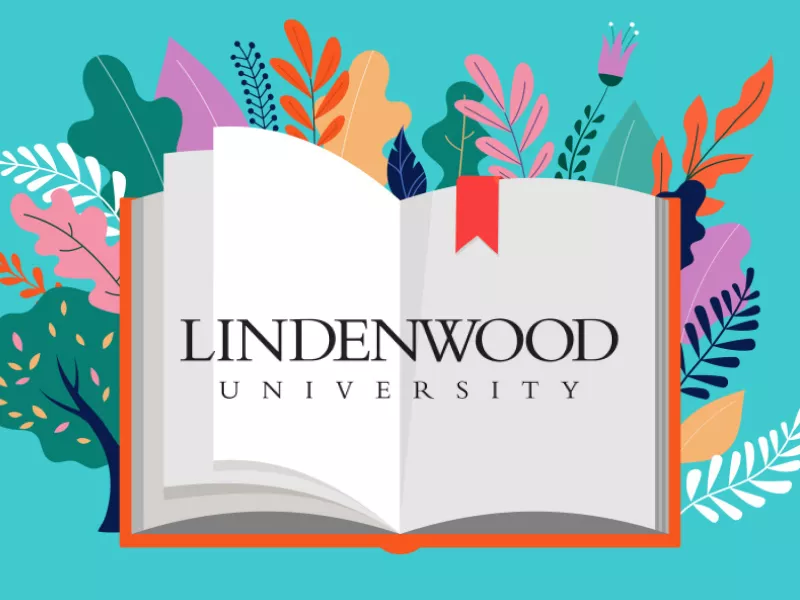 A vector image of a book over the top of foliage with the Lindenwood University Logo at the center