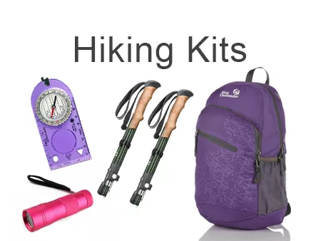 the hiking kits include a backpack, hiking poles, flashlight, and compass