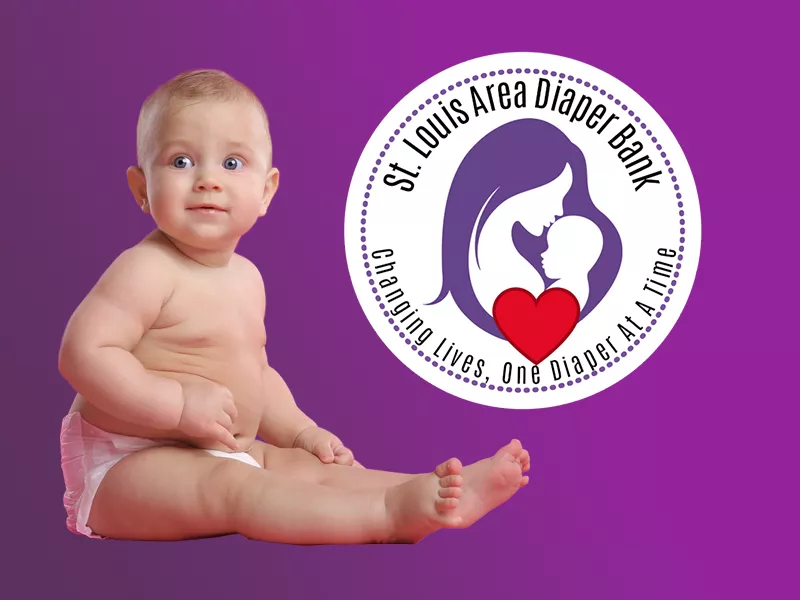 Baby in diaper next to the St. Louis Diaper Bank logo