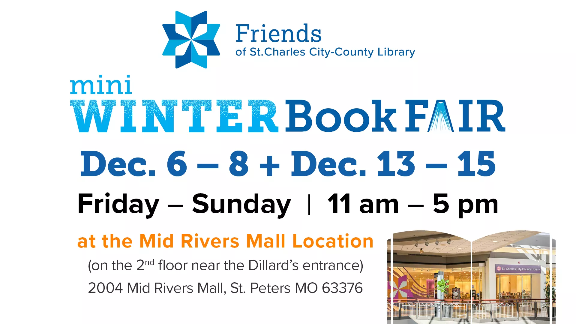 Find out more information about the mini winter book fair at mid Rivers mall