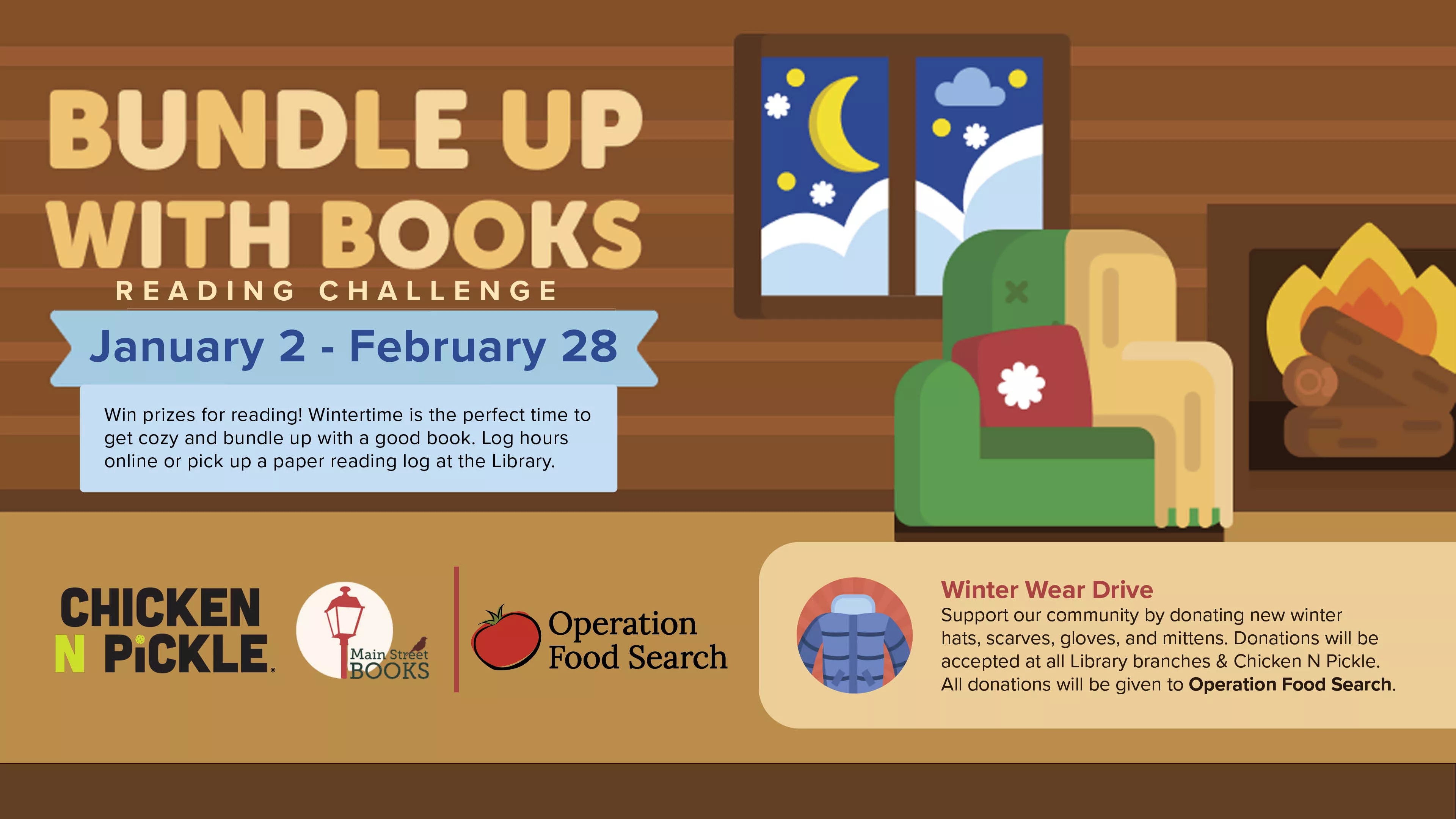 Join our Winter Reading Challenge. Read 5 hours and be entered to win gift cards to chicken n pickle and main street books. click for more info.